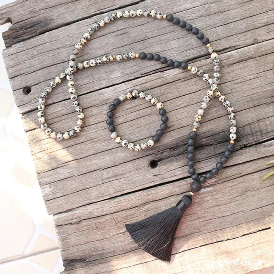108 Natural Dalmatian Jasper Black Onyx & Lava Stone Mala Beads / Bracelet - Image 6