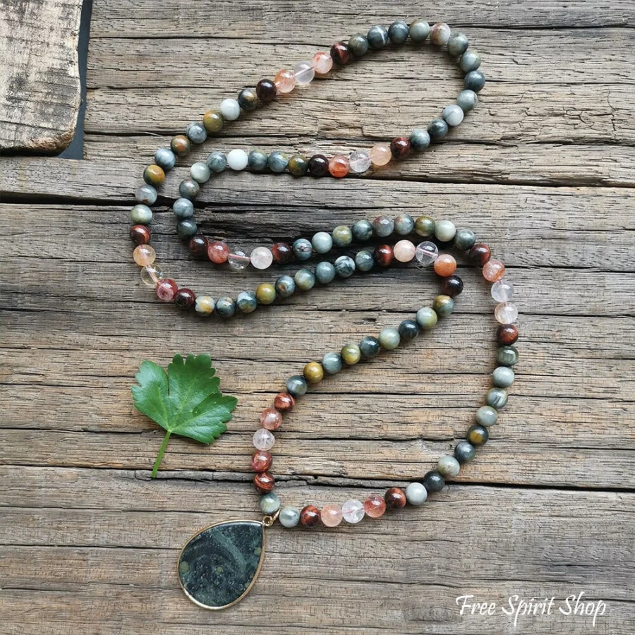 108 Natural Eagle Eye Tiger Eye & Red Quartz Mala Bead Necklace / Bracelet - Image 4