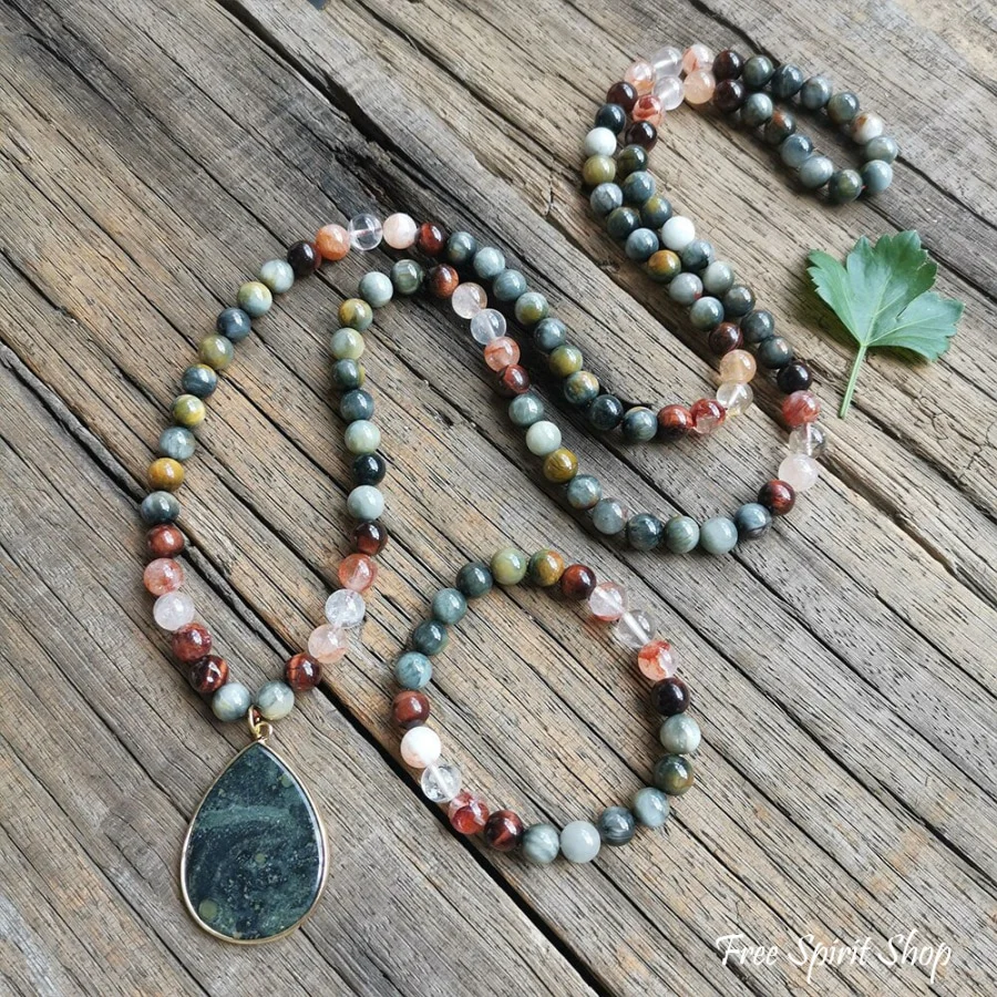 108 Natural Eagle Eye Tiger Eye & Red Quartz Mala Bead Necklace / Bracelet - Image 5