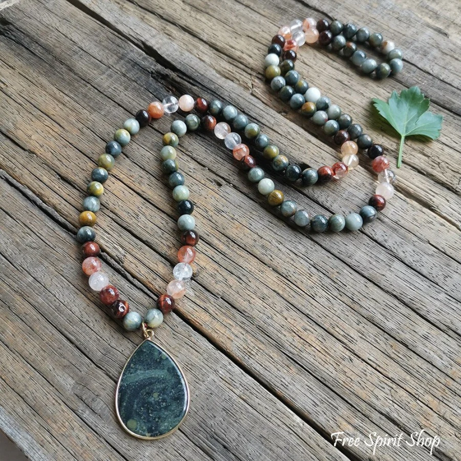 108 Natural Eagle Eye Tiger Eye & Red Quartz Mala Bead Necklace / Bracelet - Image 6