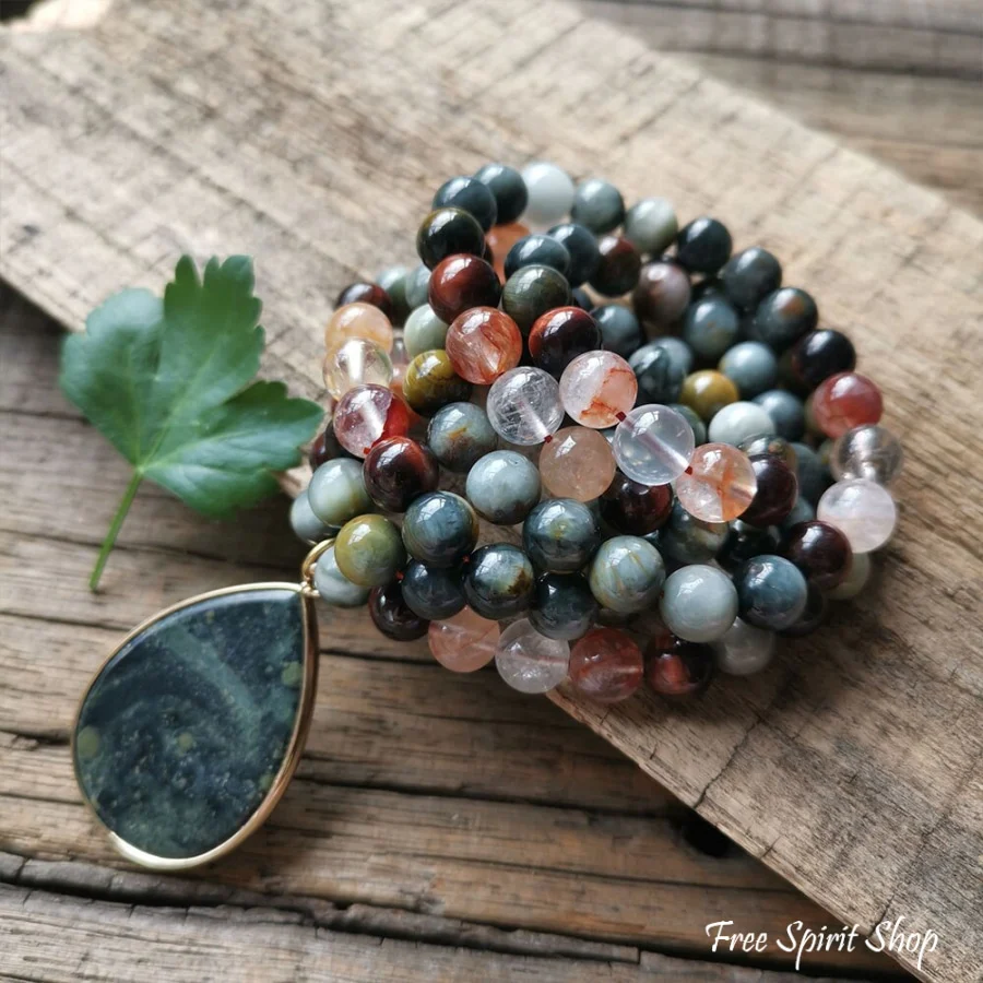 108 Natural Eagle Eye Tiger Eye & Red Quartz Mala Bead Necklace / Bracelet - Image 7