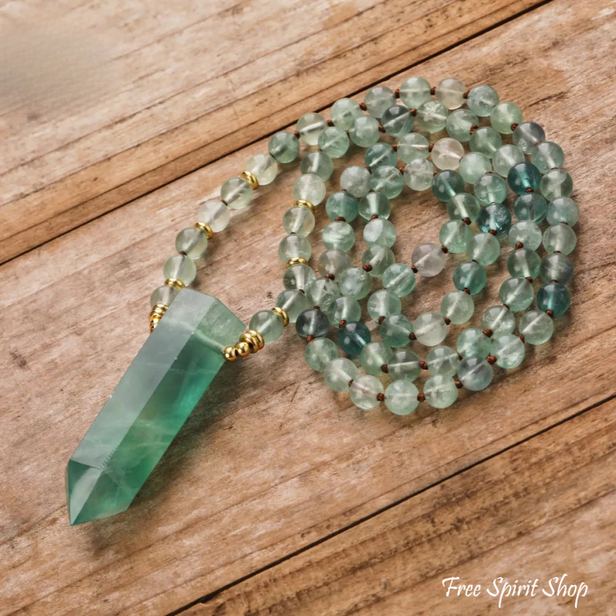 108 Natural Green Fluorite Wandpoint Beaded Necklace - Image 10