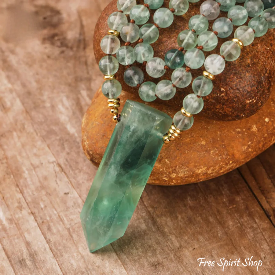 108 Natural Green Fluorite Wandpoint Beaded Necklace - Image 3