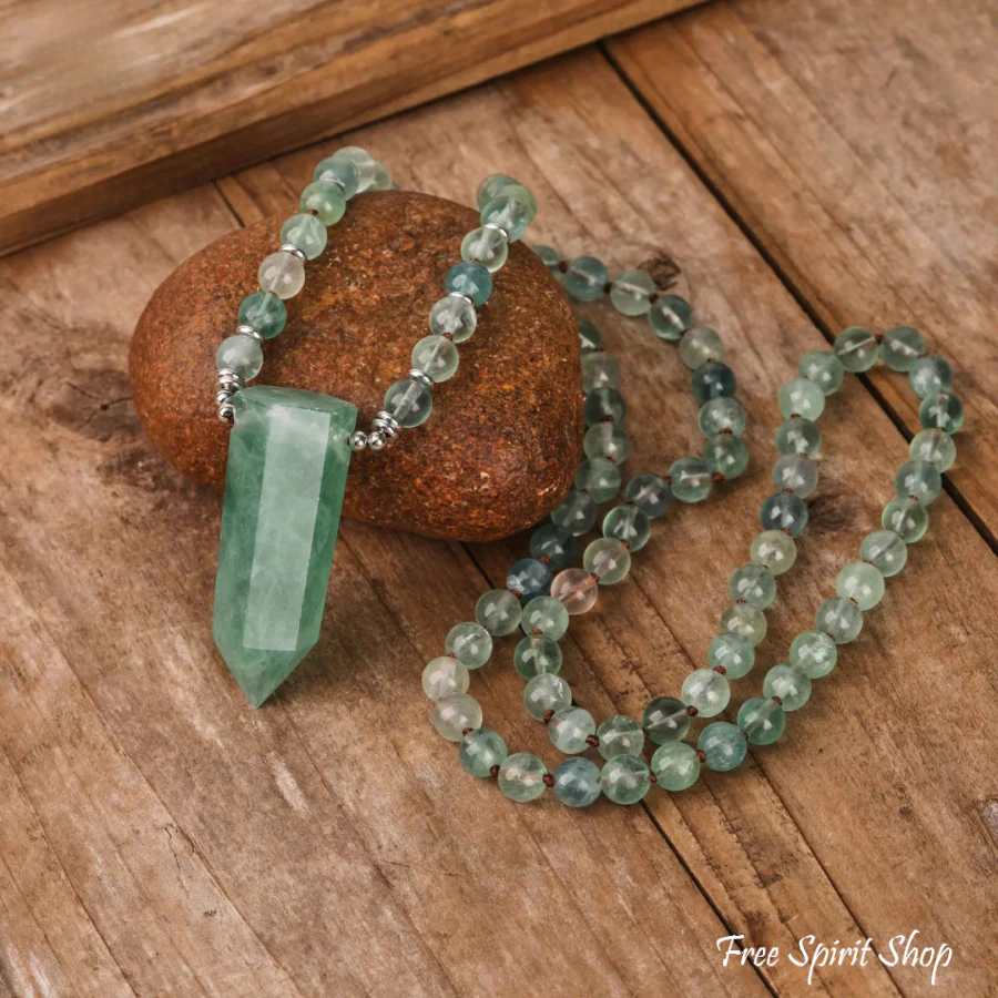 108 Natural Green Fluorite Wandpoint Beaded Necklace - Image 4