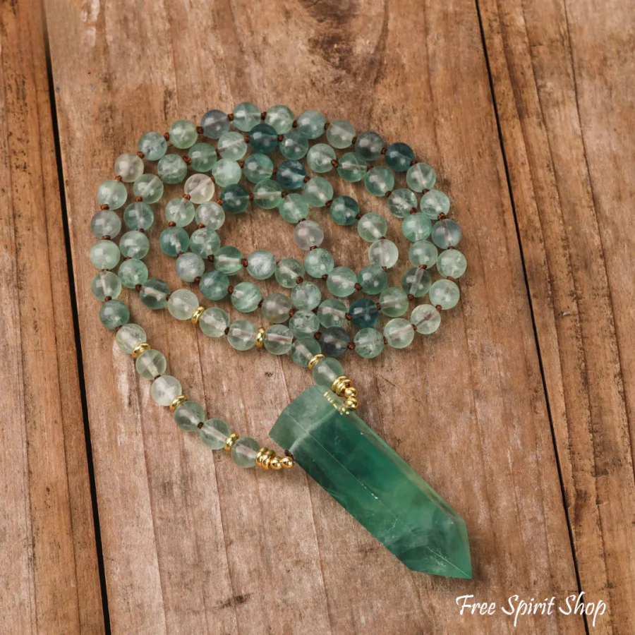 108 Natural Green Fluorite Wandpoint Beaded Necklace - Image 5