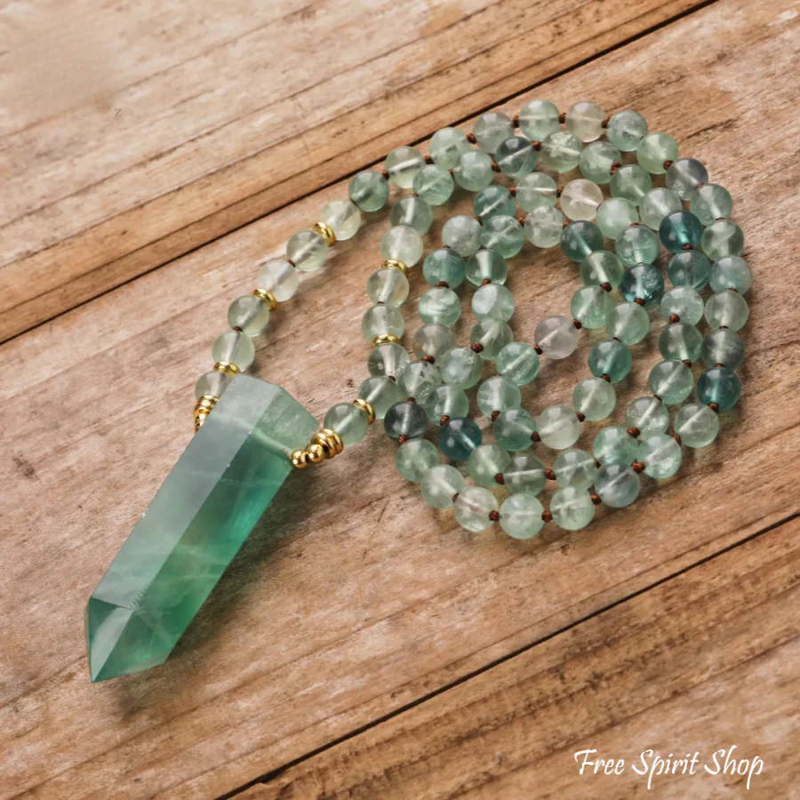 108 Natural Green Fluorite Wandpoint Beaded Necklace - Image 6
