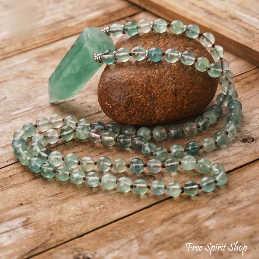 108 Natural Green Fluorite Wandpoint Beaded Necklace - Image 7