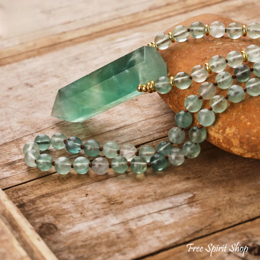 108 Natural Green Fluorite Wandpoint Beaded Necklace - Image 8