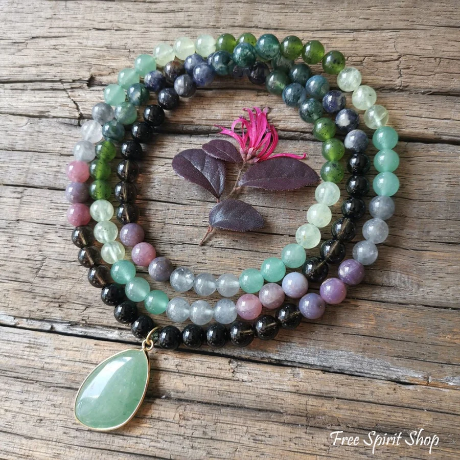 108 Natural Green Aventurine Smokey Quartz & Lepidolite Mala Bead Necklace - Image 2