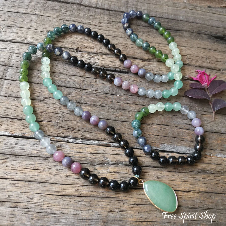 108 Natural Green Aventurine Smokey Quartz & Lepidolite Mala Bead Necklace - Image 3