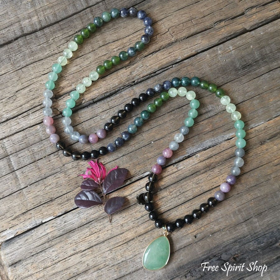 108 Natural Green Aventurine Smokey Quartz & Lepidolite Mala Bead Necklace - Image 4
