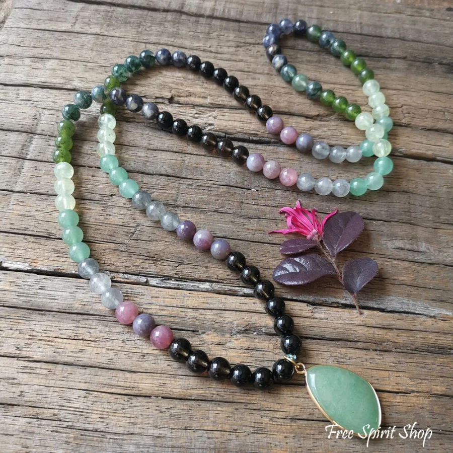 108 Natural Green Aventurine Smokey Quartz & Lepidolite Mala Bead Necklace - Image 6