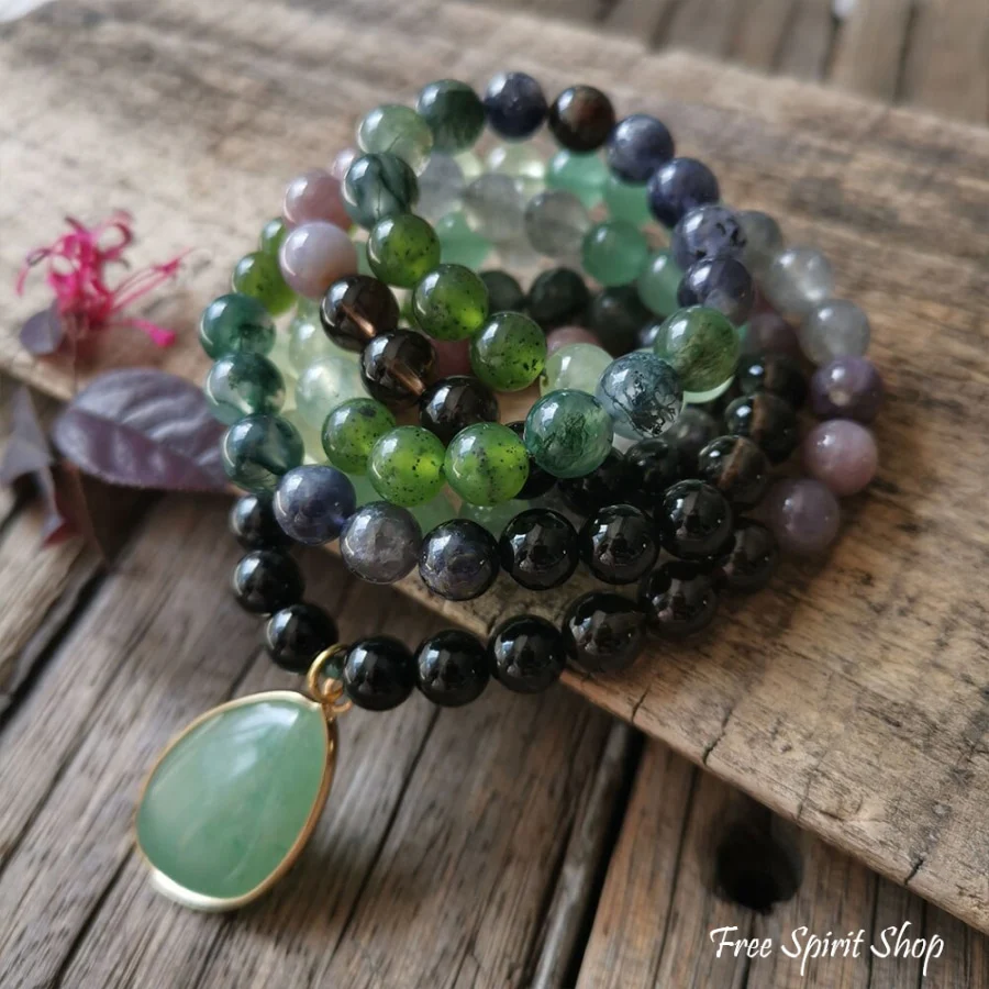 108 Natural Green Aventurine Smokey Quartz & Lepidolite Mala Bead Necklace - Image 7