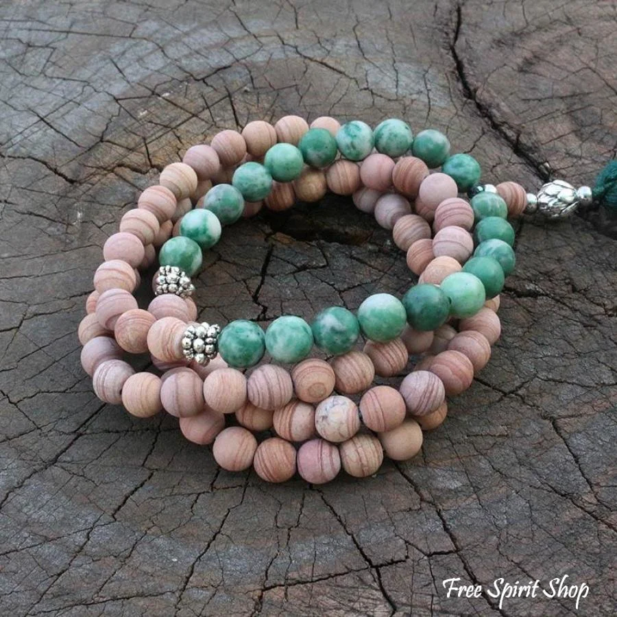 108 Natural Green Jadeite & Sand Stone Mala Bead Necklace / Bracelet - Image 4
