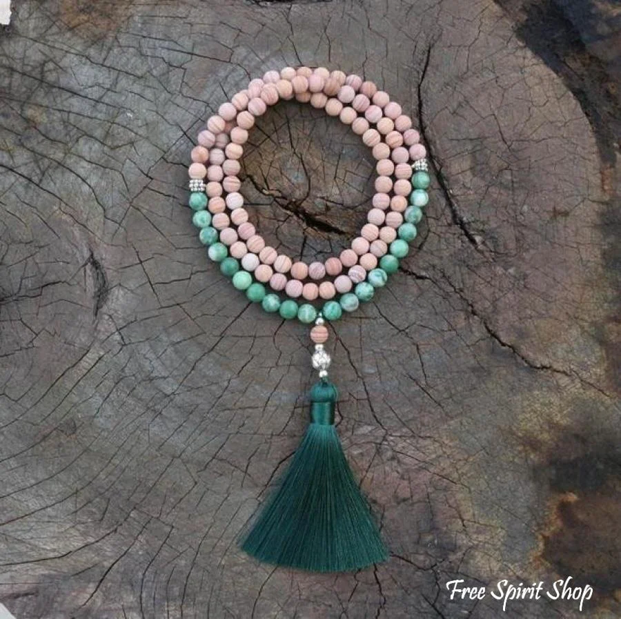108 Natural Green Jadeite & Sand Stone Mala Bead Necklace / Bracelet - Image 7