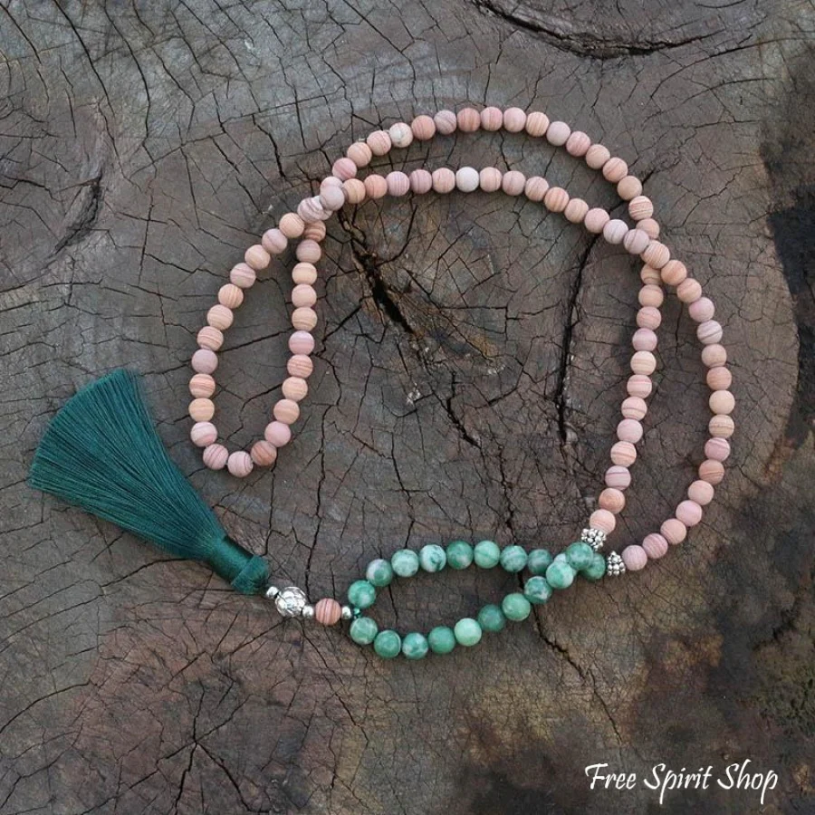 108 Natural Green Jadeite & Sand Stone Mala Bead Necklace / Bracelet - Image 8