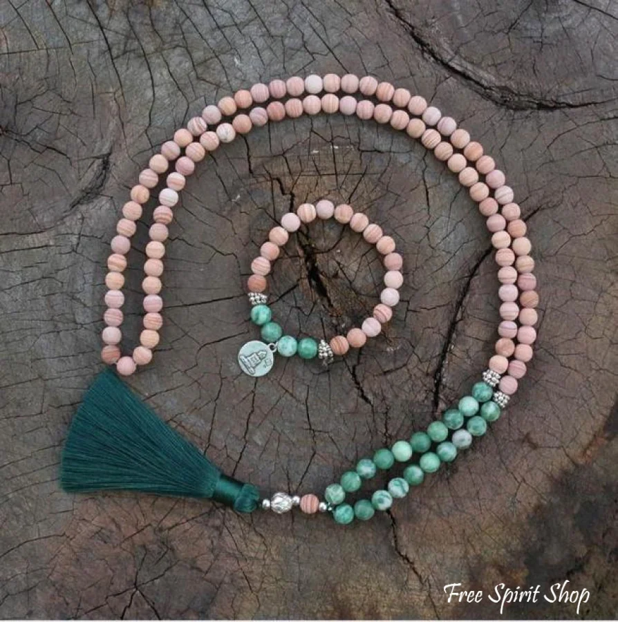 108 Natural Green Jadeite & Sand Stone Mala Bead Necklace / Bracelet - Image 9