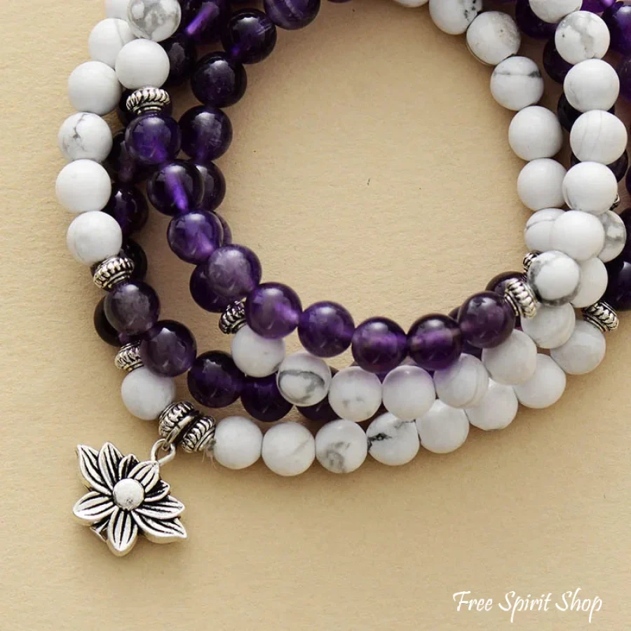 108 Natural Howlite & Amethyst Mala Bead Bracelet - Image 3