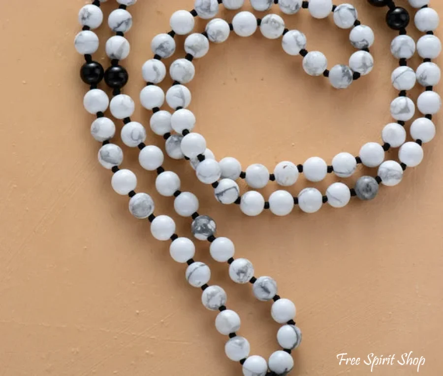 108 Natural Howlite & Black Onyx Mala Bead Necklace - Image 3