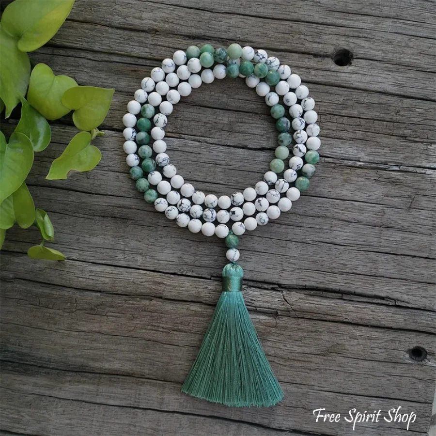 108 Natural Howlite & Green Jasper Mala Bead Necklace & Bracelet - Image 2