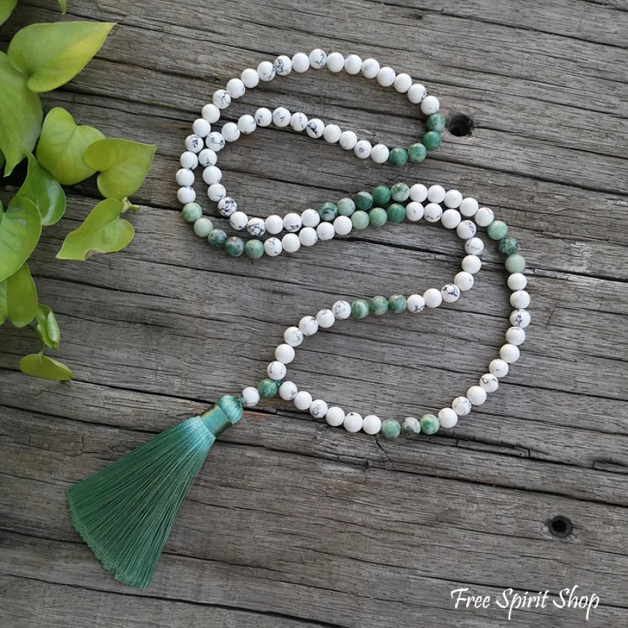 108 Natural Howlite & Green Jasper Mala Bead Necklace & Bracelet - Image 3