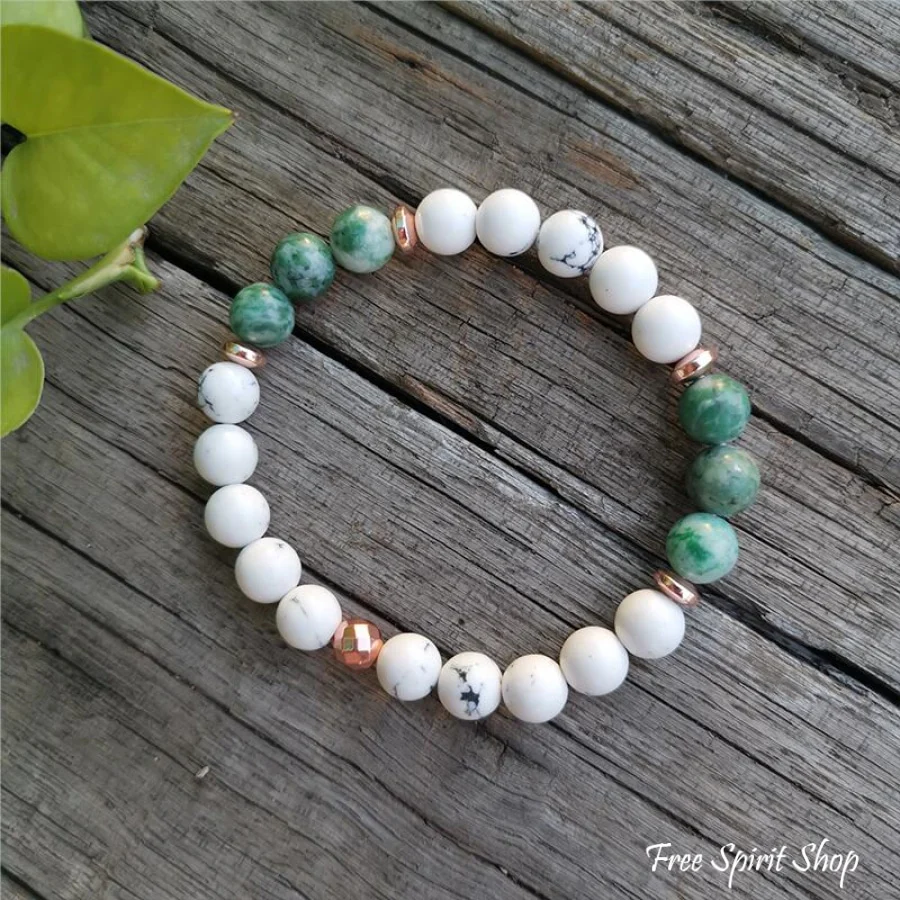108 Natural Howlite & Green Jasper Mala Bead Necklace & Bracelet - Image 5