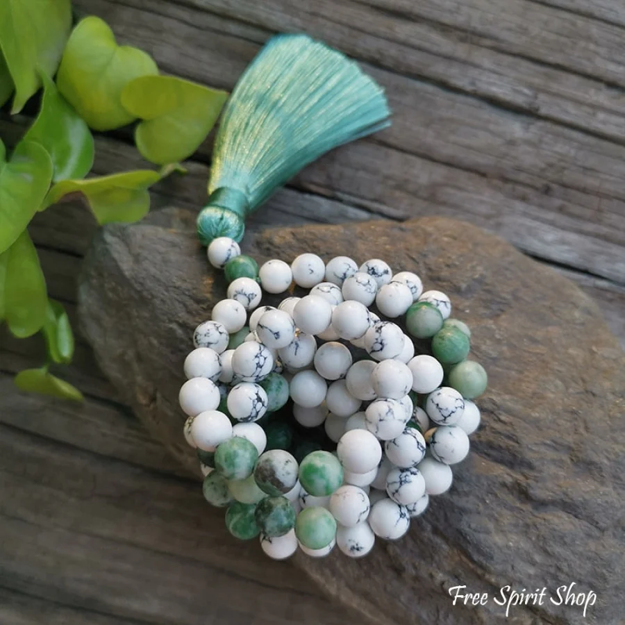 108 Natural Howlite & Green Jasper Mala Bead Necklace & Bracelet - Image 6