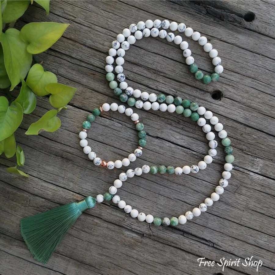 108 Natural Howlite & Green Jasper Mala Bead Necklace & Bracelet - Image 7