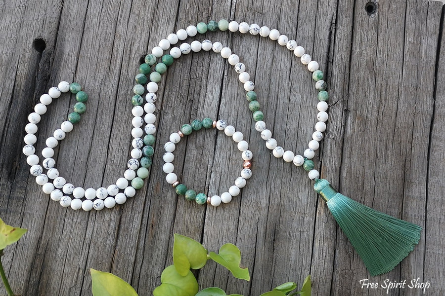 108 Natural Howlite & Green Jasper Mala Bead Necklace & Bracelet - Image 8