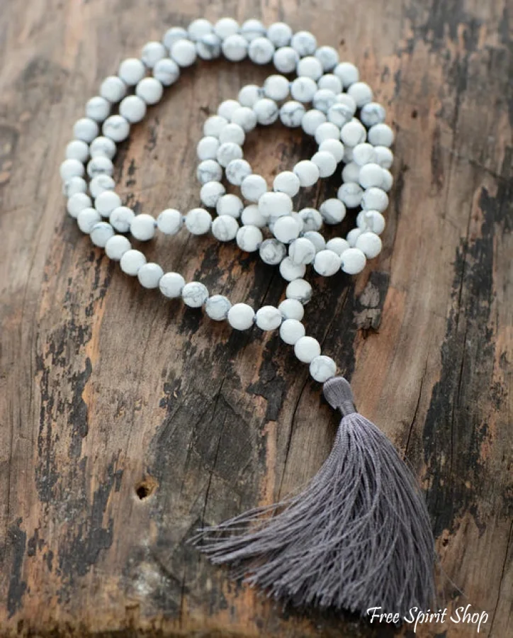 108 Natural Howlite Mala Bead Prayer Necklace With Tassel - Image 3