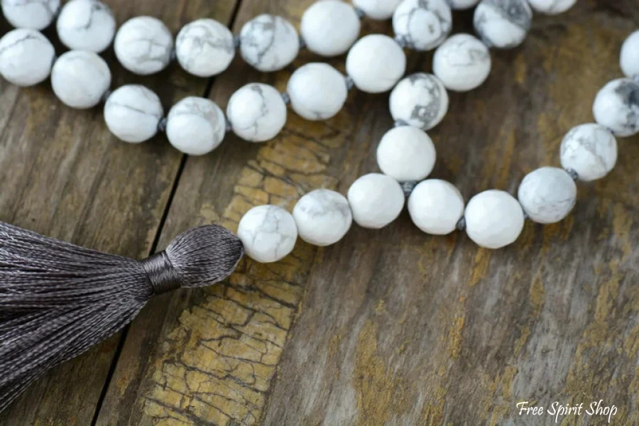 108 Natural Howlite Mala Bead Prayer Necklace With Tassel - Image 4