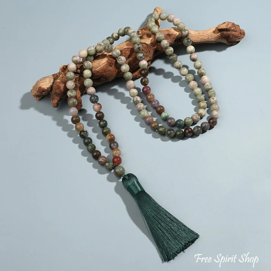 108 Natural Indian Agate & Green Jade Mala Bead Necklace & Bracelet - Image 5