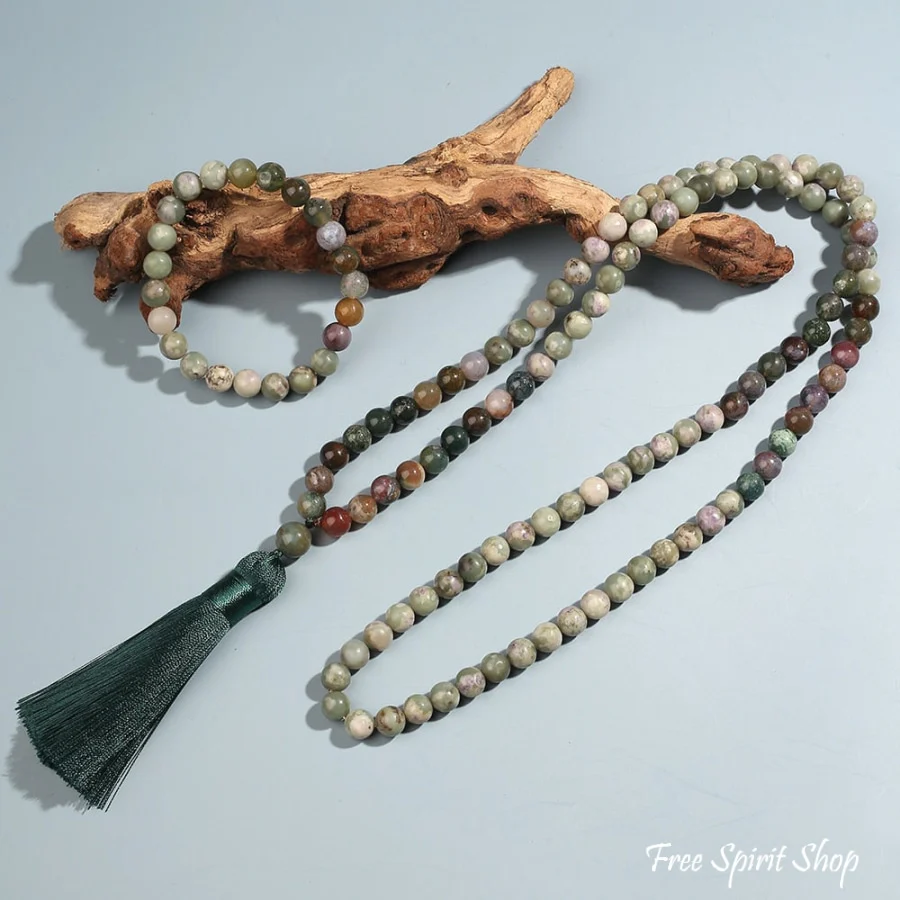 108 Natural Indian Agate & Green Jade Mala Bead Necklace & Bracelet - Image 6