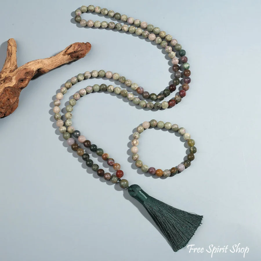 108 Natural Indian Agate & Green Jade Mala Bead Necklace & Bracelet - Image 7