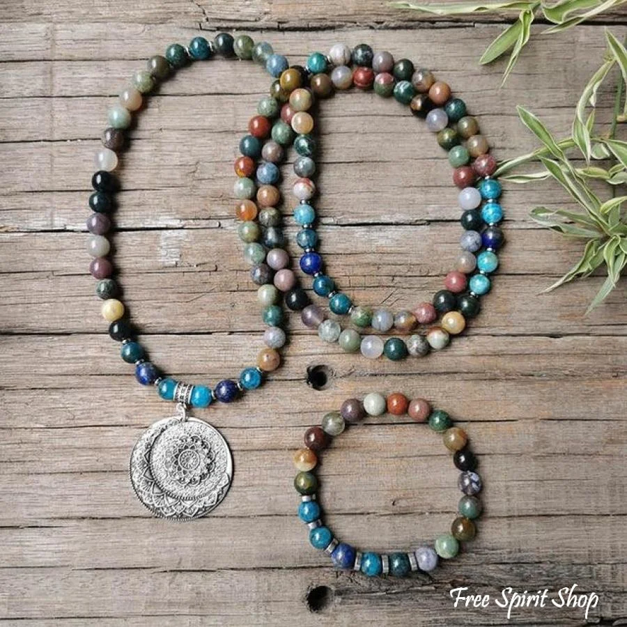108 Natural Indian Onyx & Blue Apatite Mala Bead Necklace / Bracelet - Image 11