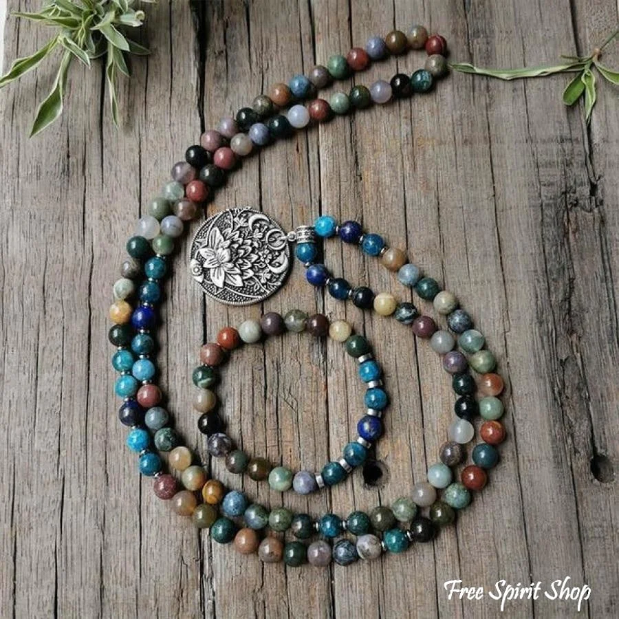 108 Natural Indian Onyx & Blue Apatite Mala Bead Necklace / Bracelet - Image 4