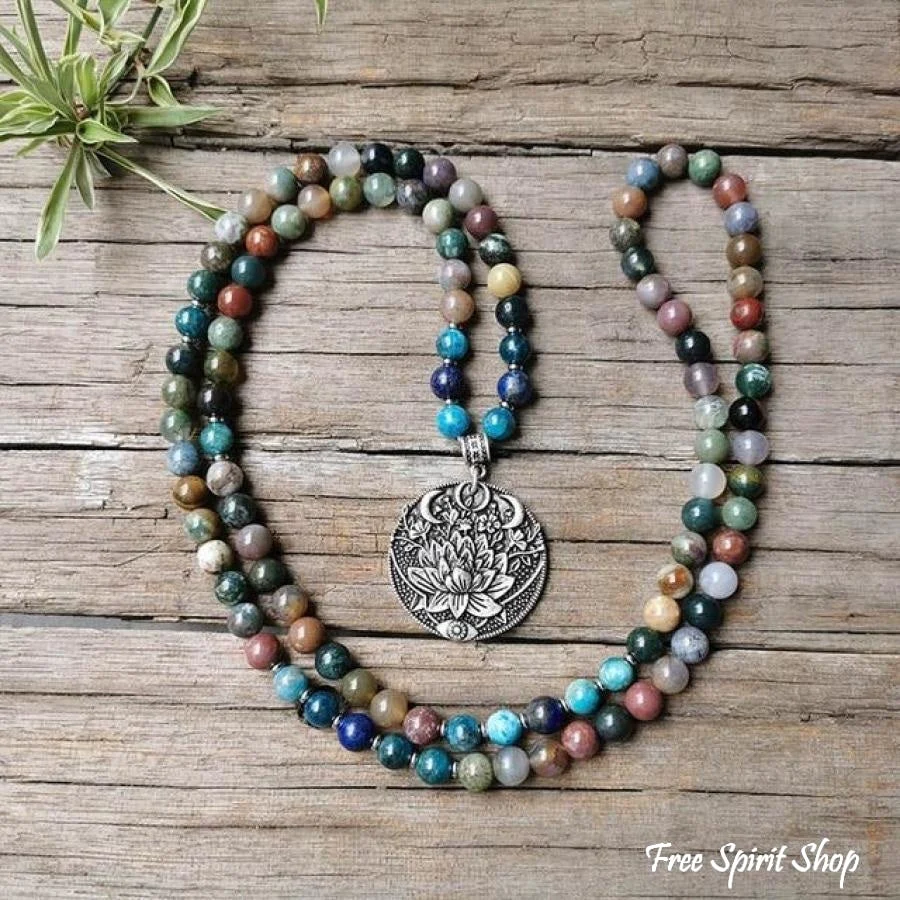 108 Natural Indian Onyx & Blue Apatite Mala Bead Necklace / Bracelet - Image 5