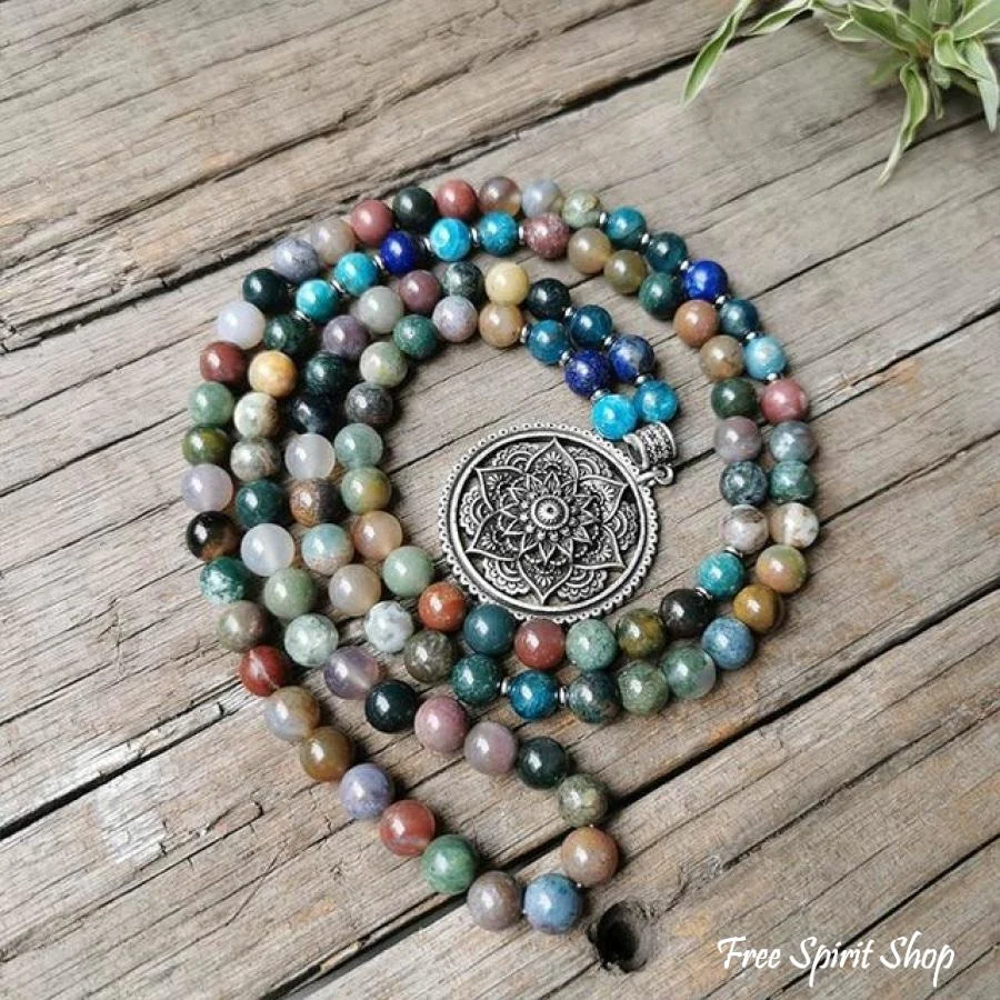 108 Natural Indian Onyx & Blue Apatite Mala Bead Necklace / Bracelet - Image 7