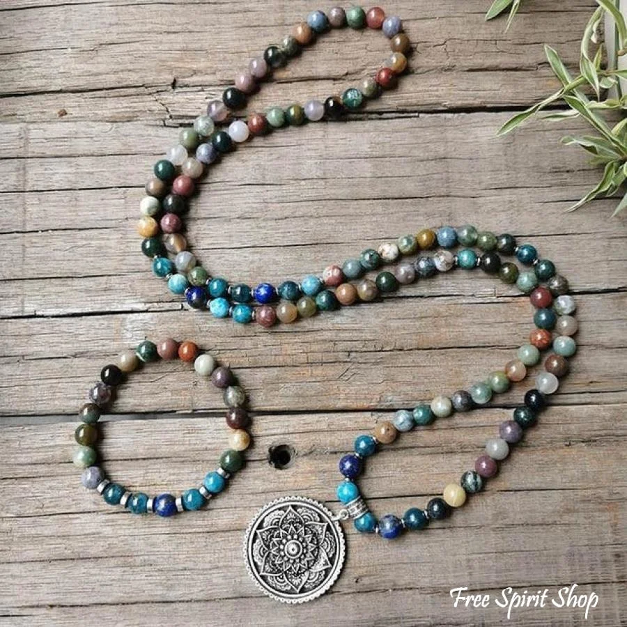 108 Natural Indian Onyx & Blue Apatite Mala Bead Necklace / Bracelet - Image 8