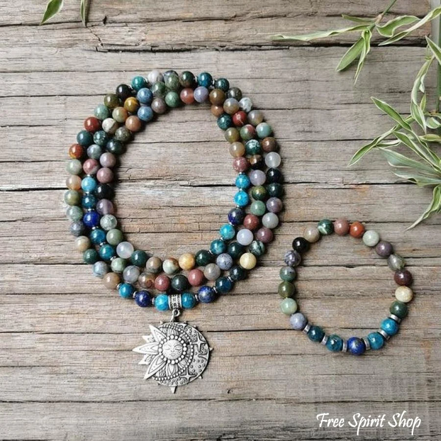 108 Natural Indian Onyx & Blue Apatite Mala Bead Necklace / Bracelet - Image 9