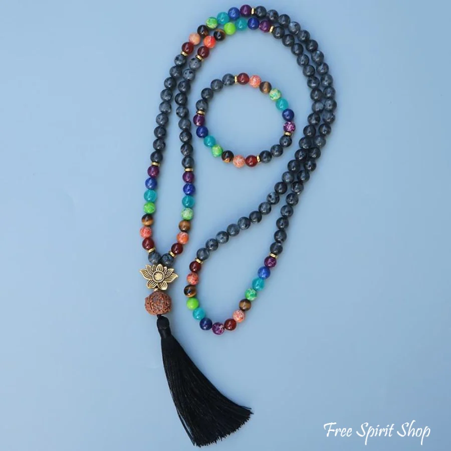 108 Natural Labradorite 7 Chakra & Rudraksha Mala Bead Necklace