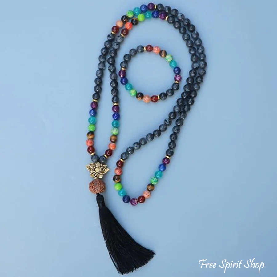 108 Natural Labradorite 7 Chakra & Rudraksha Mala Bead Necklace - Image 2
