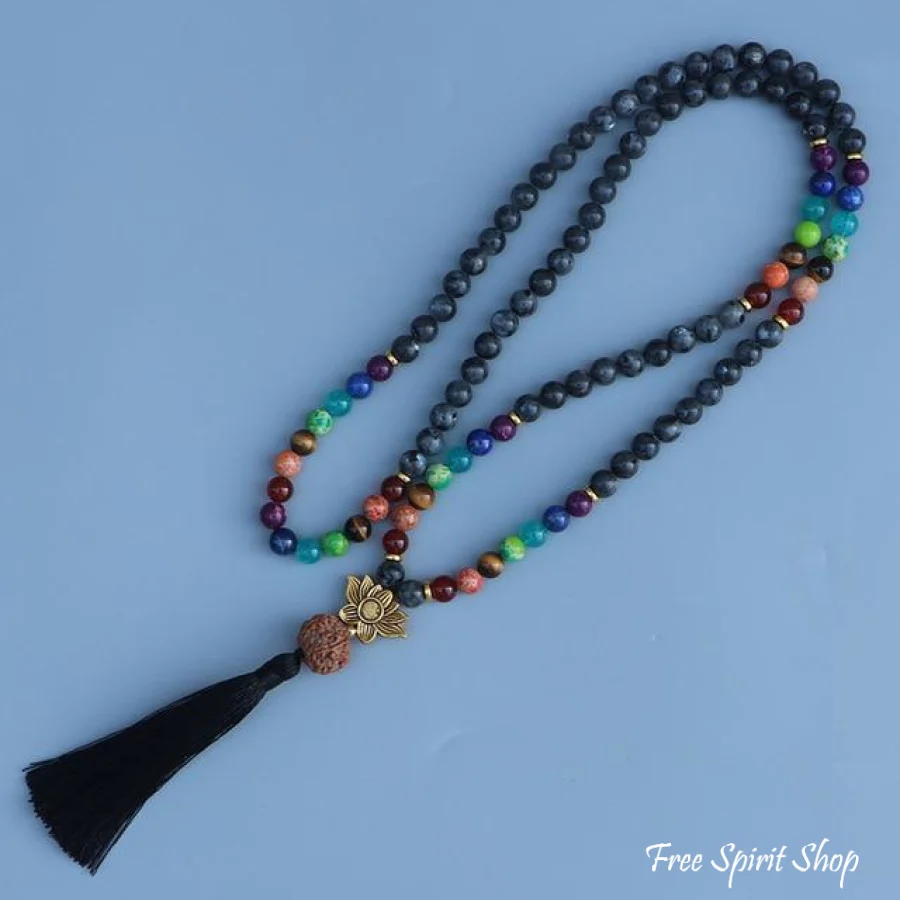 108 Natural Labradorite 7 Chakra & Rudraksha Mala Bead Necklace - Image 3