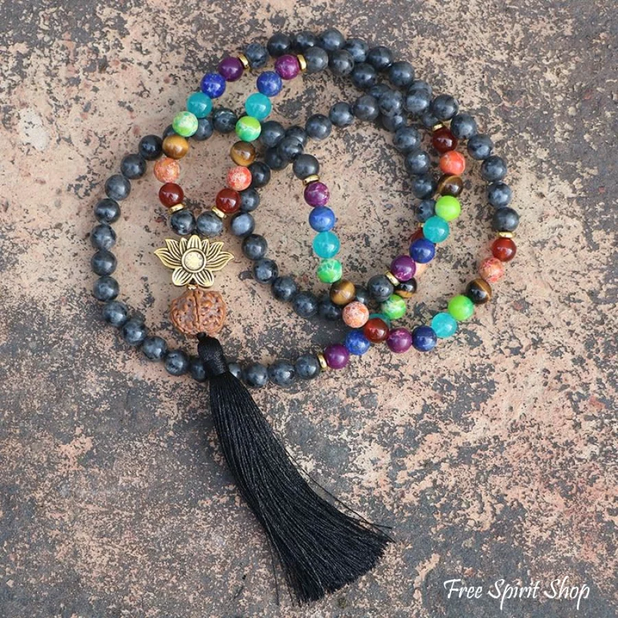 108 Natural Labradorite 7 Chakra & Rudraksha Mala Bead Necklace - Image 4