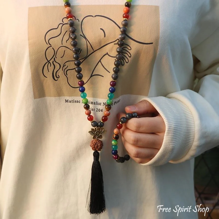 108 Natural Labradorite 7 Chakra & Rudraksha Mala Bead Necklace - Image 5