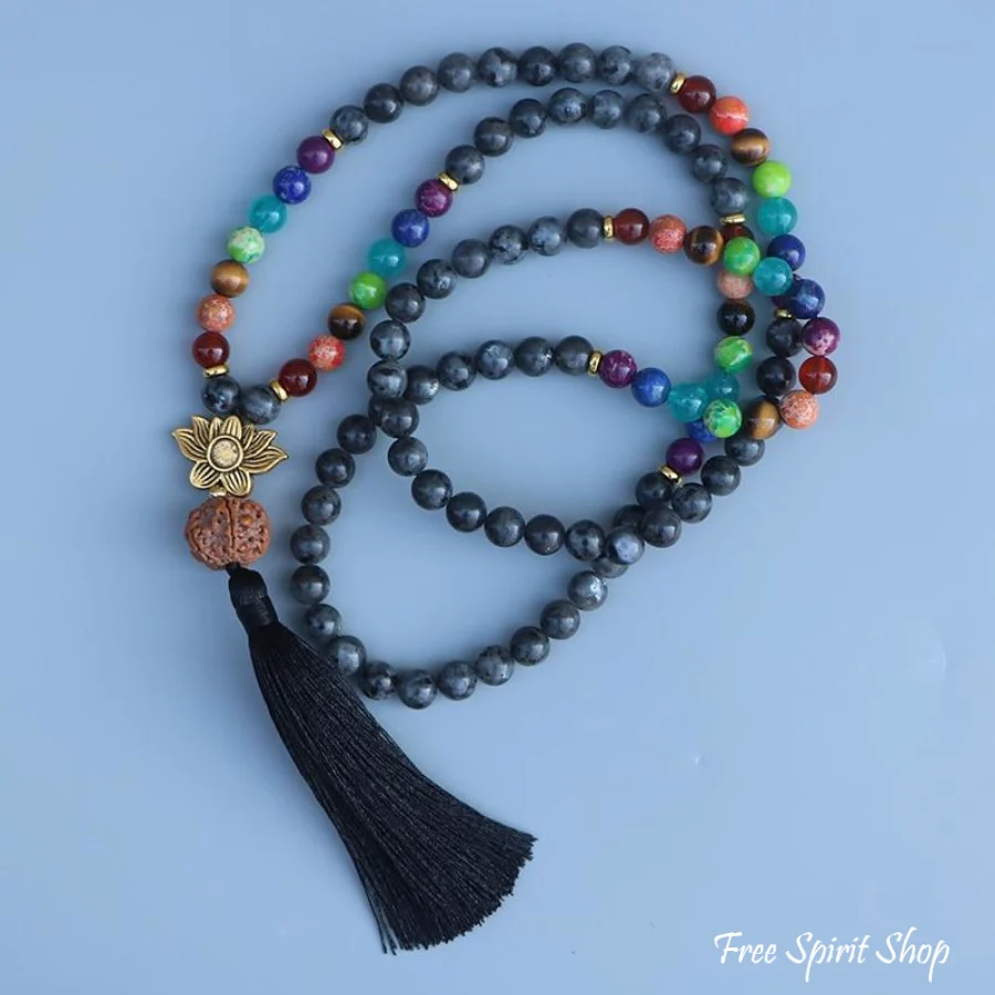 108 Natural Labradorite 7 Chakra & Rudraksha Mala Bead Necklace - Image 6