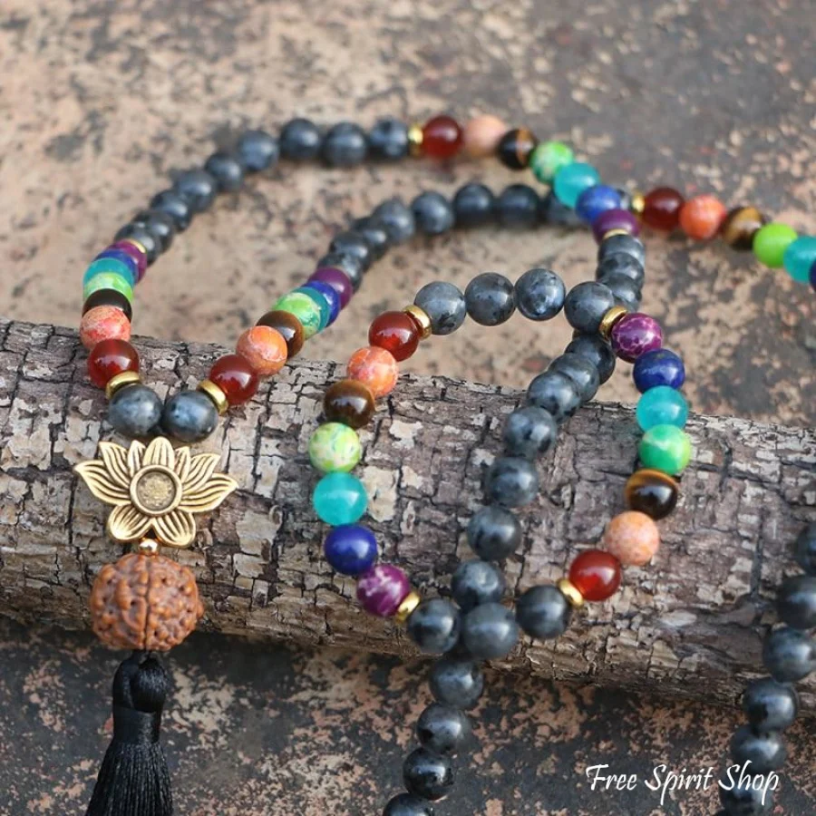 108 Natural Labradorite 7 Chakra & Rudraksha Mala Bead Necklace - Image 7