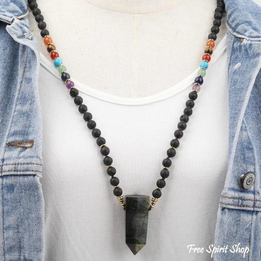 108 Natural Labradorite, Black Lava & 7 Chakra Stone Mala Bead Necklace - Image 3