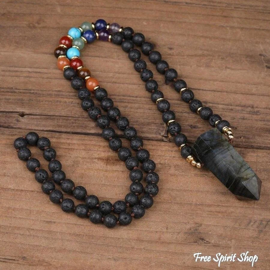 108 Natural Labradorite, Black Lava & 7 Chakra Stone Mala Bead Necklace - Image 4