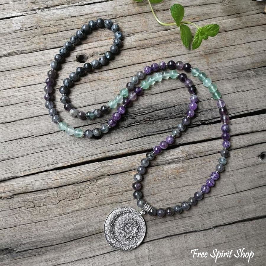 108 Natural Labradorite Fluorite & Amethyst Mala Bead Necklace / Bracelet - Image 3